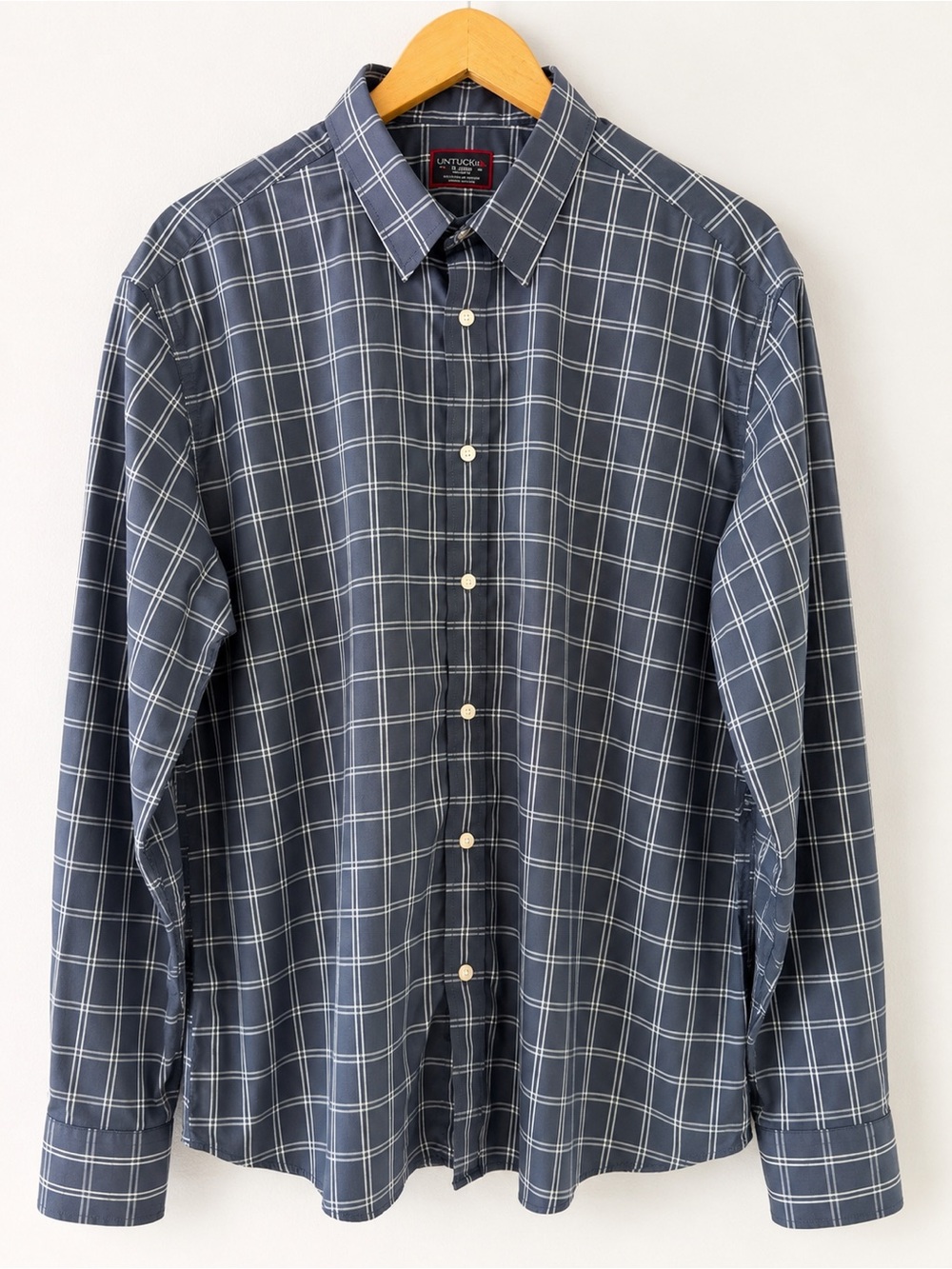 UNTUCKit Tayson Performance Button Down Shirt Relaxed Fit Navy Windowpane Plaid